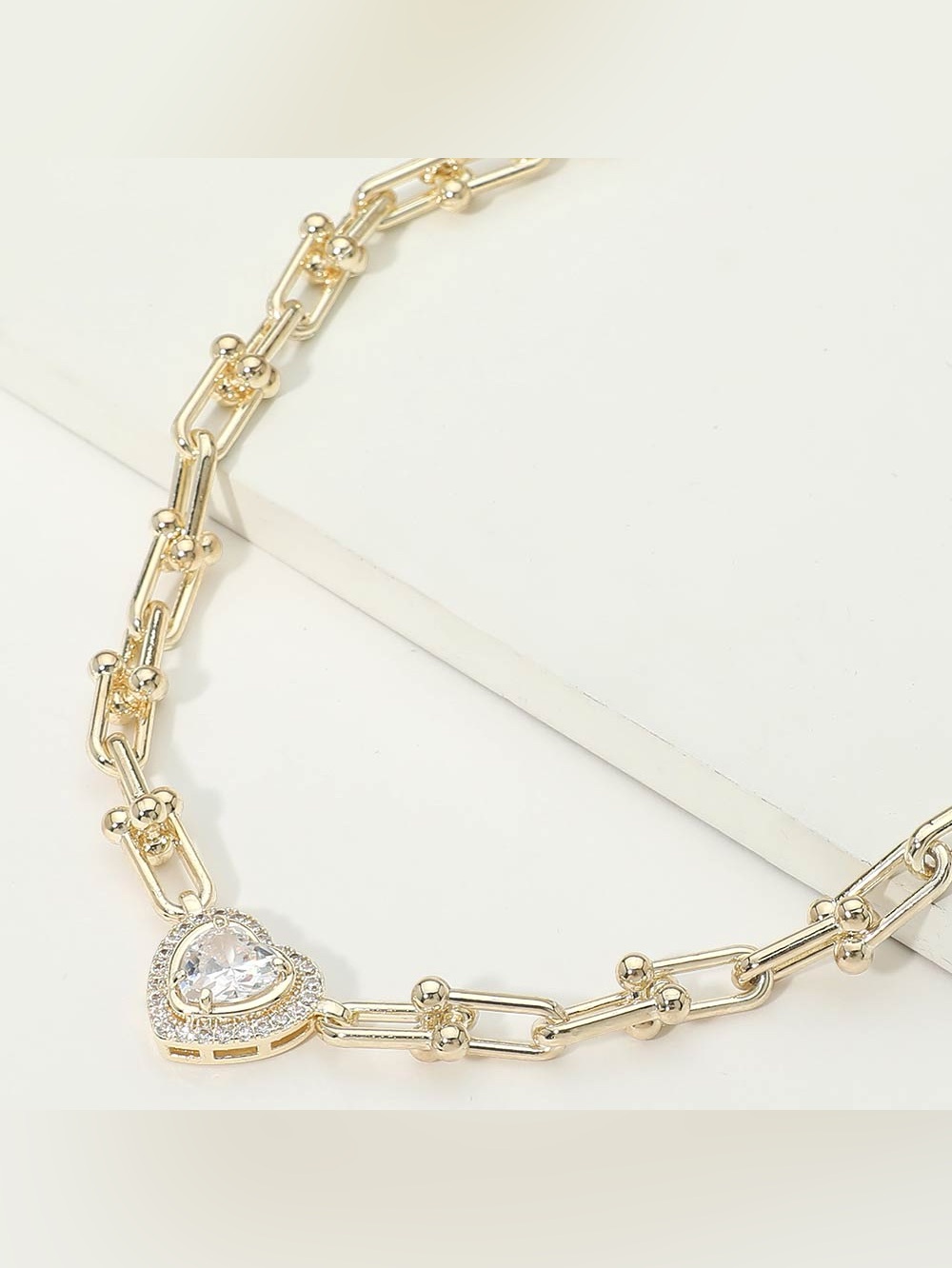 14K Gold Plated Heart CZ Stone Accent Industrial Link Chain Necklace